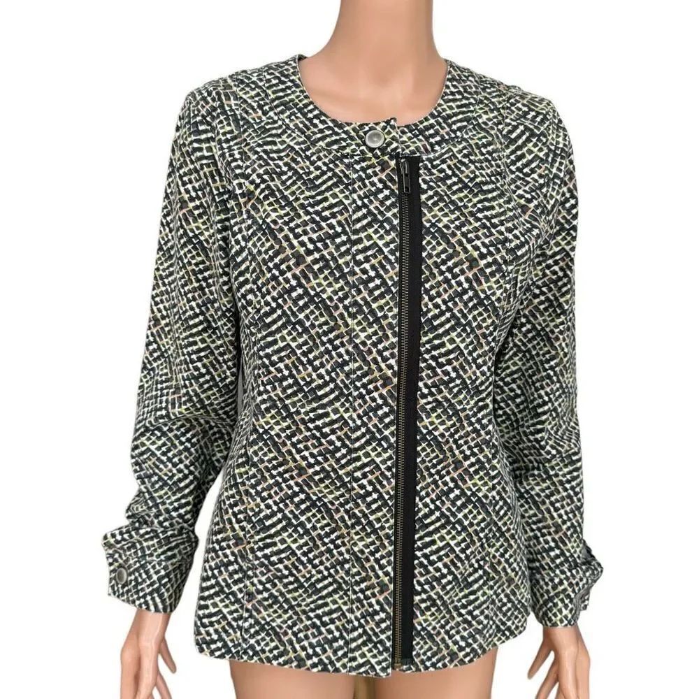Cabi Cliffside Jacket Multi Geometric Print Moto Full Zip cotton stretch size M